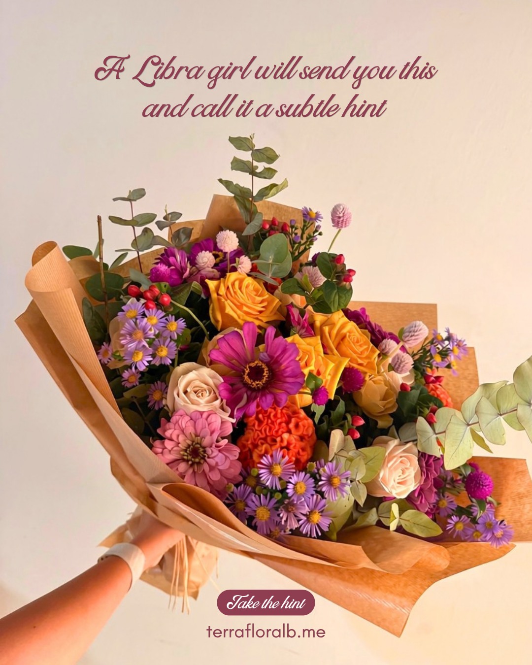 Your Libra girl celebrates a whole season, not just a birthday, and expects you to keep up. 🤭♎️
Running out of surprise ideas? Flowers are definitely on her wishlist.
Just over two weeks left. DM us to send hers.