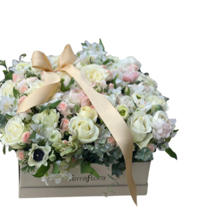 Elegant white and blush Mother’s Day flower box with roses and soft ribbon by Terraflora Lebanon