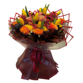 Premium Mother’s Day bouquet in Lebanon with yellow tulips, orange roses and warm seasonal flowers.